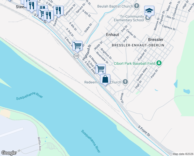 map of restaurants, bars, coffee shops, grocery stores, and more near 667 South Front Street in Steelton