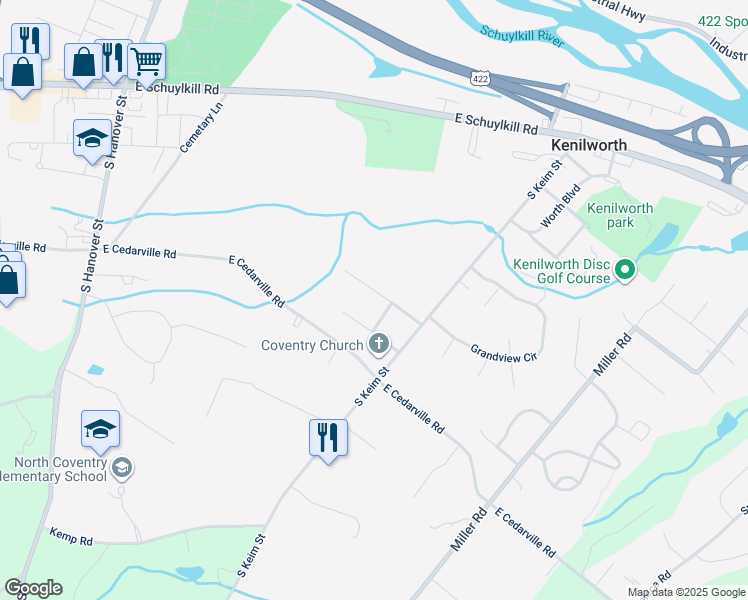 map of restaurants, bars, coffee shops, grocery stores, and more near 874 Chester Drive in Pottstown