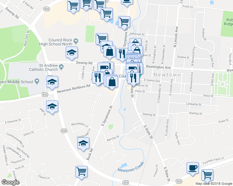 map of restaurants, bars, coffee shops, grocery stores, and more near 116 South Sycamore Street in Newtown