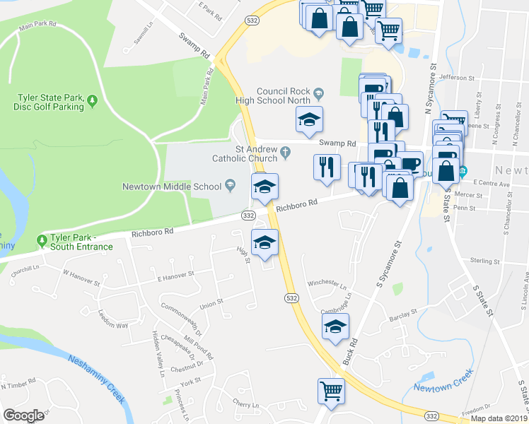 map of restaurants, bars, coffee shops, grocery stores, and more near 74 Richboro Rd in Newtown