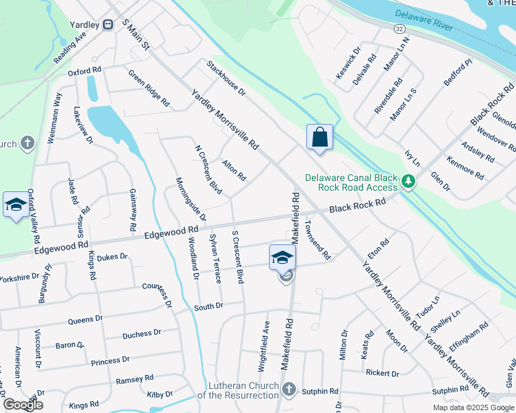 map of restaurants, bars, coffee shops, grocery stores, and more near 12 Edgewood Road in Yardley