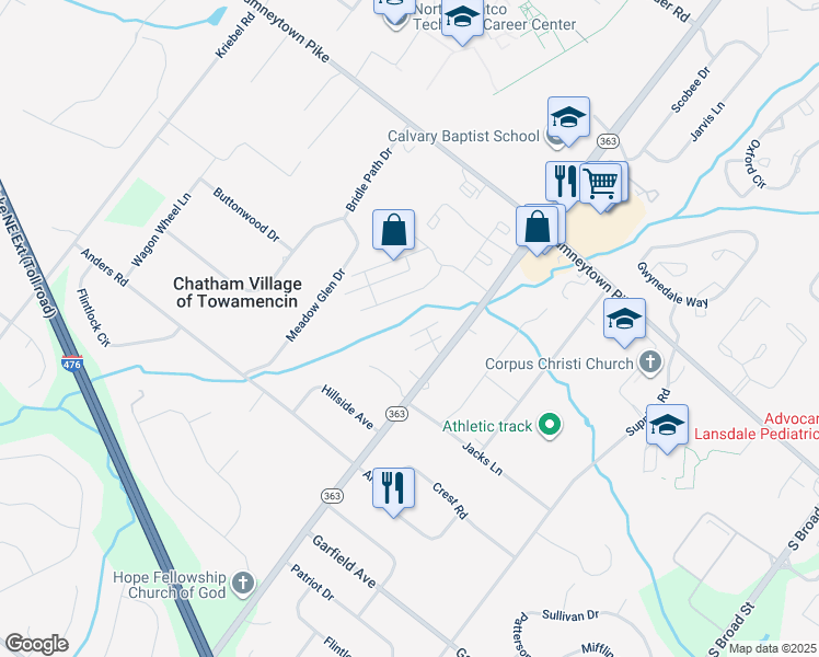 map of restaurants, bars, coffee shops, grocery stores, and more near 206 Charmouth Drive in Lansdale