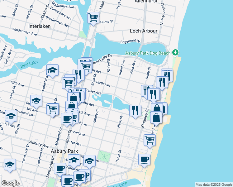 map of restaurants, bars, coffee shops, grocery stores, and more near 415 Sunset Avenue in Asbury Park