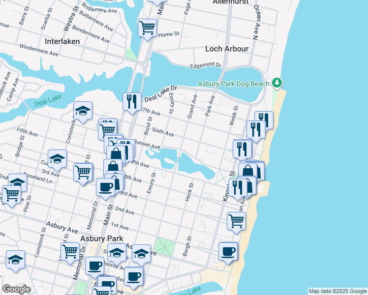 map of restaurants, bars, coffee shops, grocery stores, and more near 407 Sixth Avenue in Asbury Park