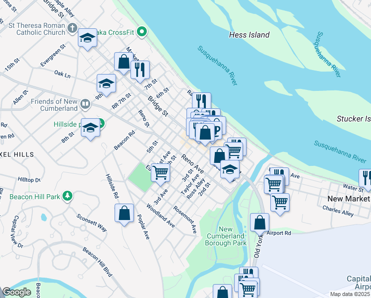 map of restaurants, bars, coffee shops, grocery stores, and more near 316 4th Street in New Cumberland
