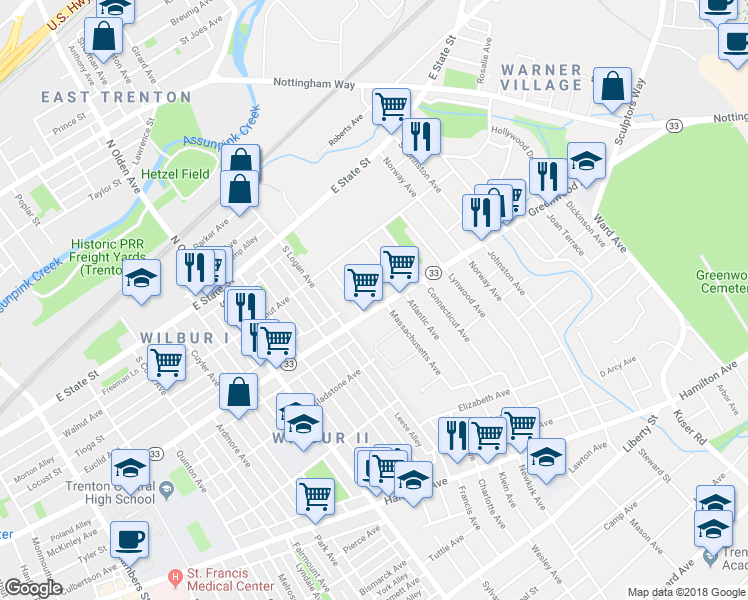 map of restaurants, bars, coffee shops, grocery stores, and more near 1618 Greenwood Avenue in Trenton