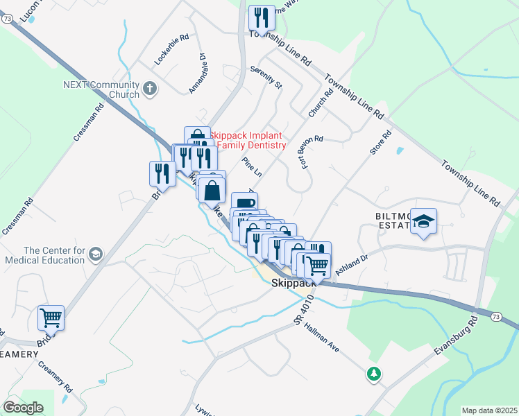 map of restaurants, bars, coffee shops, grocery stores, and more near 2027 Cody Lane in Harleysville