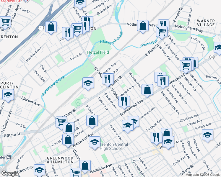 map of restaurants, bars, coffee shops, grocery stores, and more near 3 South Olden Avenue in Trenton