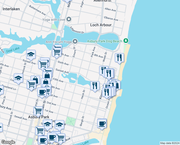 map of restaurants, bars, coffee shops, grocery stores, and more near 316 Sixth Avenue in Asbury Park