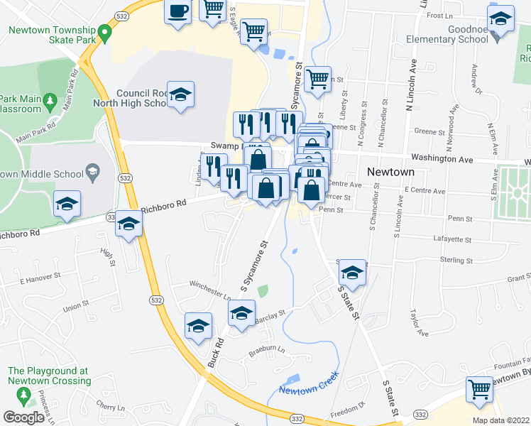 map of restaurants, bars, coffee shops, grocery stores, and more near 2 Cambridge Lane in Newtown