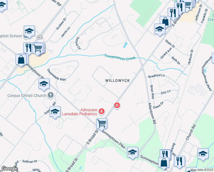 map of restaurants, bars, coffee shops, grocery stores, and more near 1059 Charter Oaks Drive in Lansdale