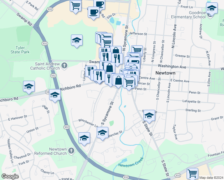 map of restaurants, bars, coffee shops, grocery stores, and more near 4 Cambridge Lane in Newtown