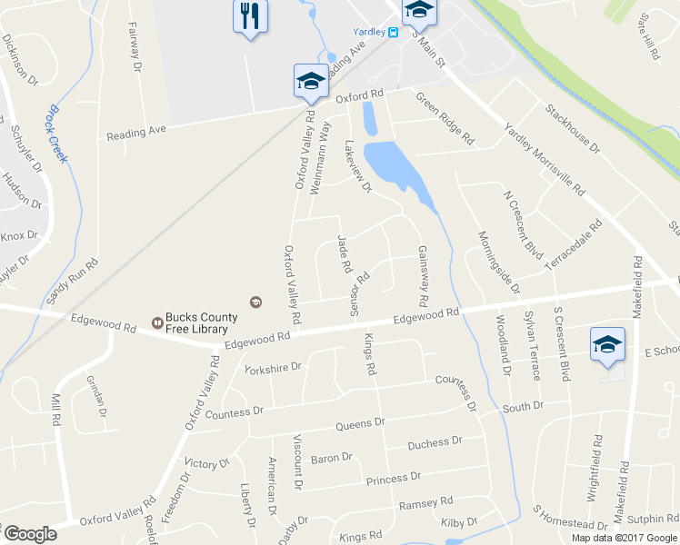 map of restaurants, bars, coffee shops, grocery stores, and more near 705 Jade Road in Yardley