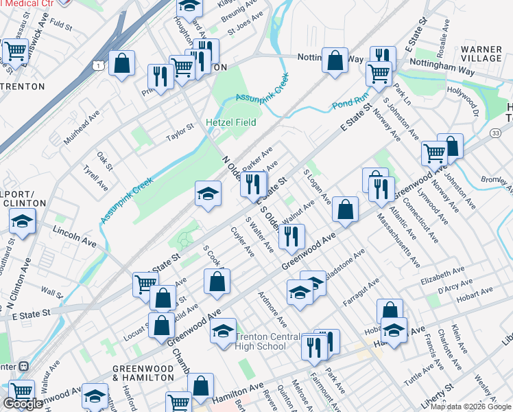 map of restaurants, bars, coffee shops, grocery stores, and more near 1163 East State Street in Trenton