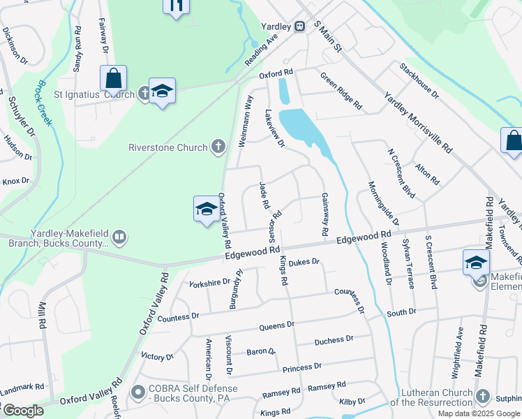 map of restaurants, bars, coffee shops, grocery stores, and more near 705 Jade Road in Yardley