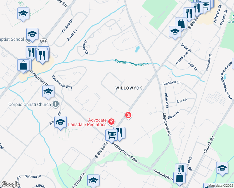 map of restaurants, bars, coffee shops, grocery stores, and more near 1059 Charter Oaks Drive in Lansdale