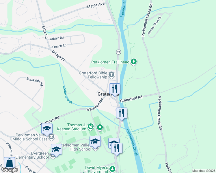 map of restaurants, bars, coffee shops, grocery stores, and more near 682 Church Road in Collegeville