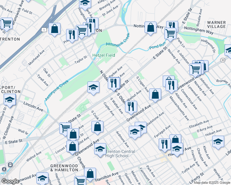 map of restaurants, bars, coffee shops, grocery stores, and more near 1226 East State Street in Trenton
