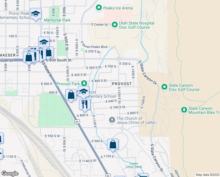 map of restaurants, bars, coffee shops, grocery stores, and more near 501 South 1300 East Avenue in Provo