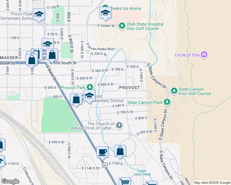 map of restaurants, bars, coffee shops, grocery stores, and more near 501 South 1300 East Avenue in Provo
