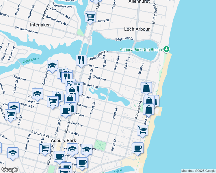 map of restaurants, bars, coffee shops, grocery stores, and more near 2000 6th Avenue in Asbury Park