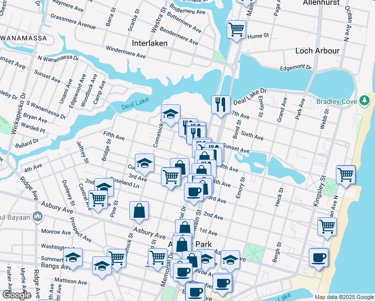 map of restaurants, bars, coffee shops, grocery stores, and more near 904 Sunset Avenue in Asbury Park
