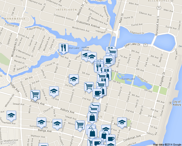 map of restaurants, bars, coffee shops, grocery stores, and more near 1304 Langford Street in Asbury Park