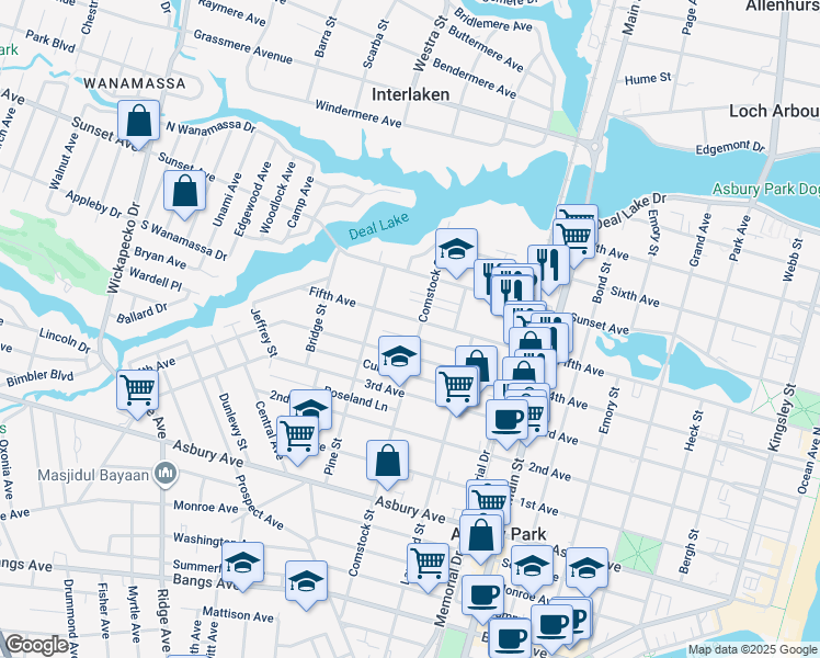 map of restaurants, bars, coffee shops, grocery stores, and more near 1113 5th Avenue in Asbury Park