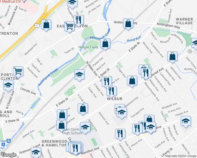 map of restaurants, bars, coffee shops, grocery stores, and more near 1226 East State Street in Trenton