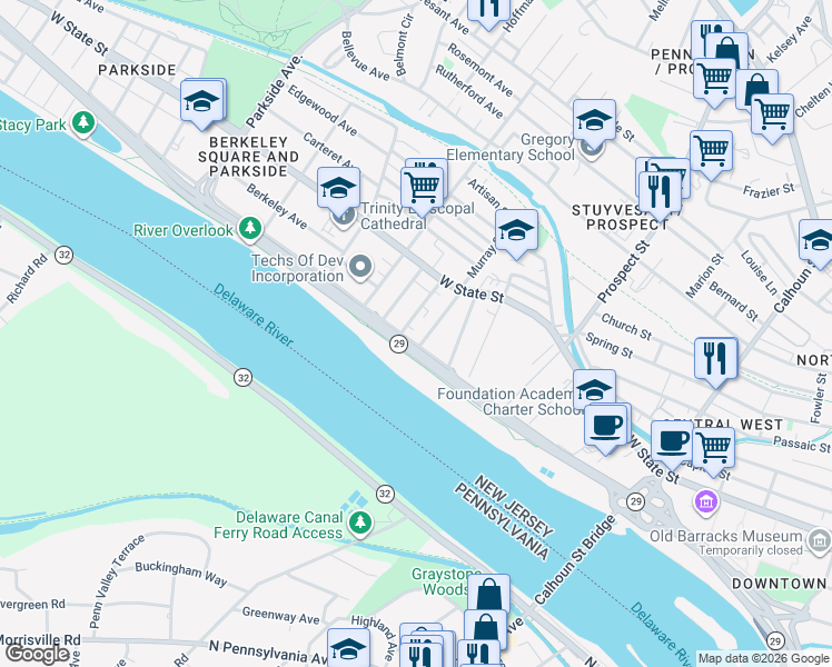 map of restaurants, bars, coffee shops, grocery stores, and more near 46 Colonial Avenue in Trenton