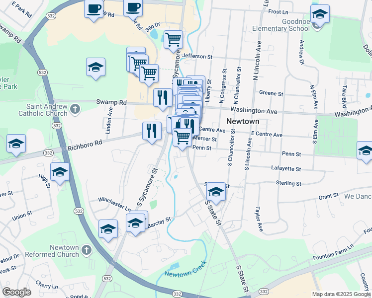 map of restaurants, bars, coffee shops, grocery stores, and more near 120 South State Street in Newtown