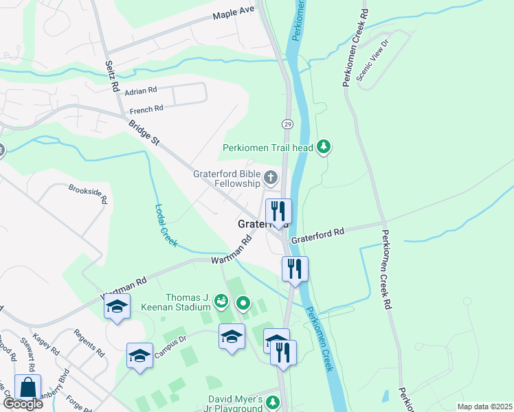 map of restaurants, bars, coffee shops, grocery stores, and more near 682 Church Road in Collegeville