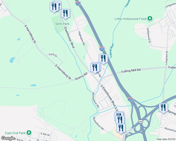 map of restaurants, bars, coffee shops, grocery stores, and more near 1344 Eisenhower Blvd in Harrisburg