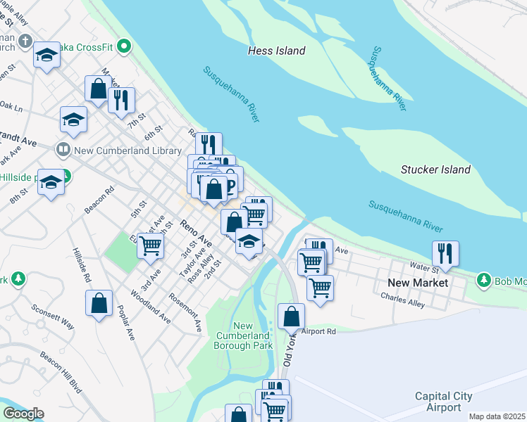 map of restaurants, bars, coffee shops, grocery stores, and more near 207 Walnut Alley in New Cumberland