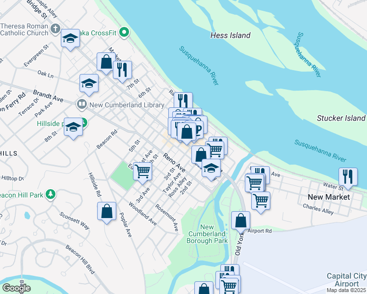 map of restaurants, bars, coffee shops, grocery stores, and more near in New Cumberland