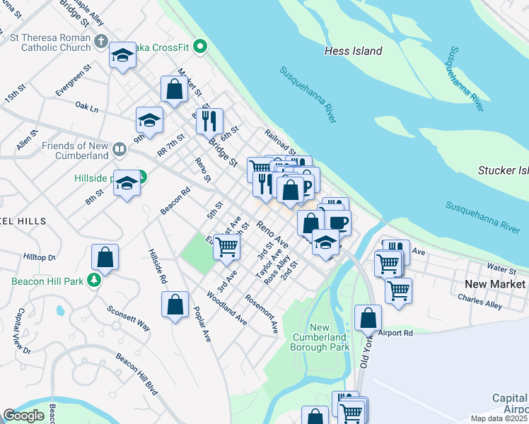 map of restaurants, bars, coffee shops, grocery stores, and more near 316 4th Street in New Cumberland