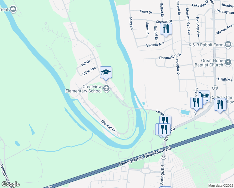 map of restaurants, bars, coffee shops, grocery stores, and more near 235 Longs Gap Road in Carlisle
