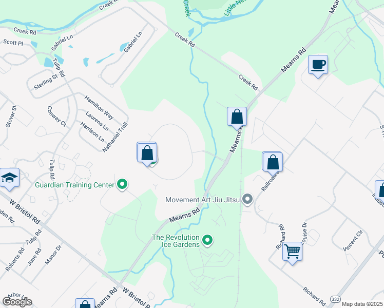 map of restaurants, bars, coffee shops, grocery stores, and more near 1900 Stout Drive in Warminster