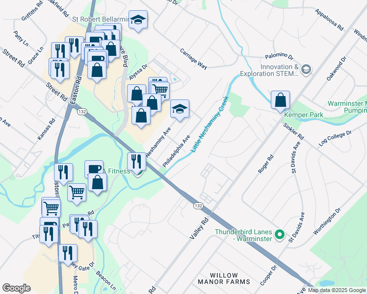 map of restaurants, bars, coffee shops, grocery stores, and more near 701 Philadelphia Avenue in Warrington