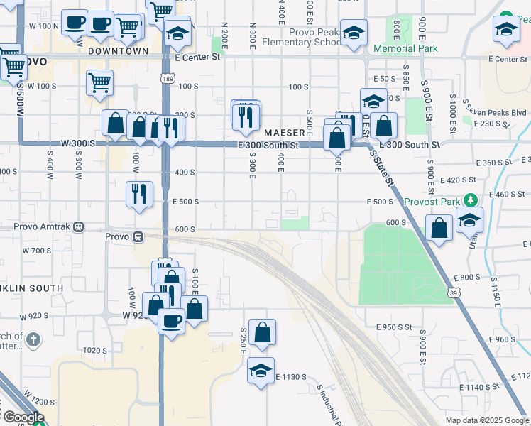 map of restaurants, bars, coffee shops, grocery stores, and more near 330 East 500 South in Provo
