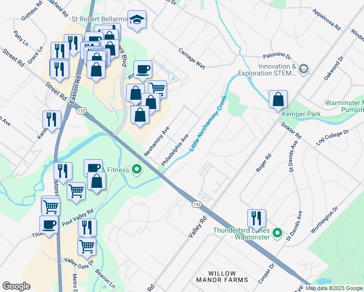 map of restaurants, bars, coffee shops, grocery stores, and more near 701 Philadelphia Avenue in Warrington