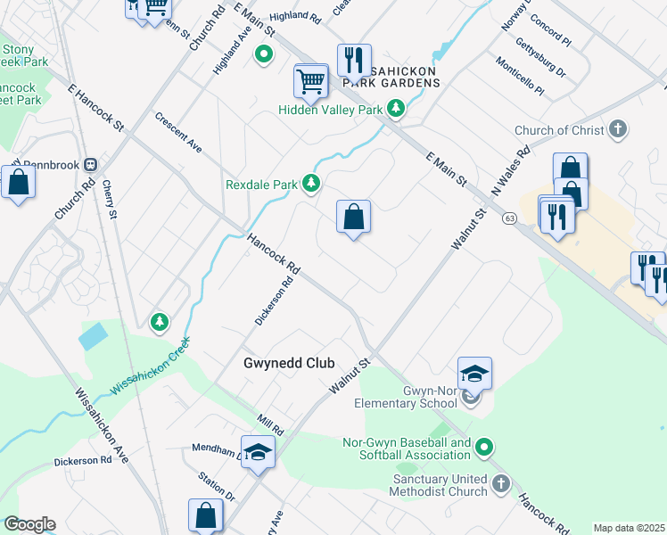 map of restaurants, bars, coffee shops, grocery stores, and more near 214 Hunter Lane in North Wales