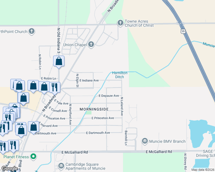 map of restaurants, bars, coffee shops, grocery stores, and more near 2305 East Indiana Avenue in Muncie