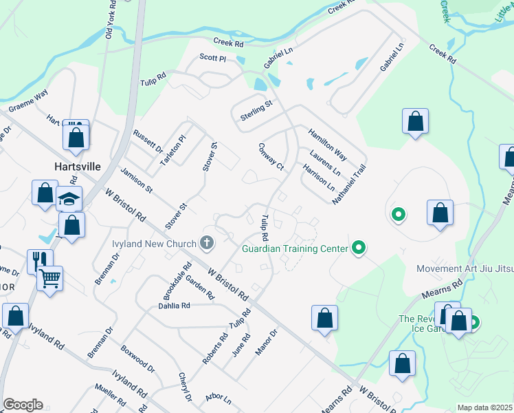 map of restaurants, bars, coffee shops, grocery stores, and more near 701 Julian Drive West in Warminster