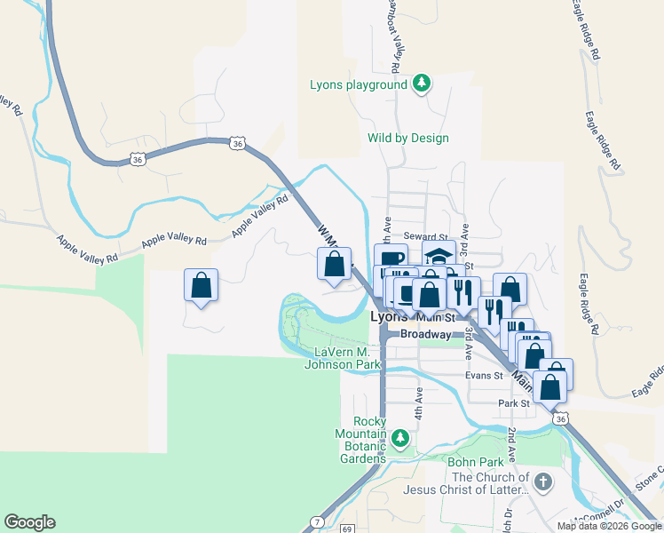 map of restaurants, bars, coffee shops, grocery stores, and more near 511 West Main Street in Lyons