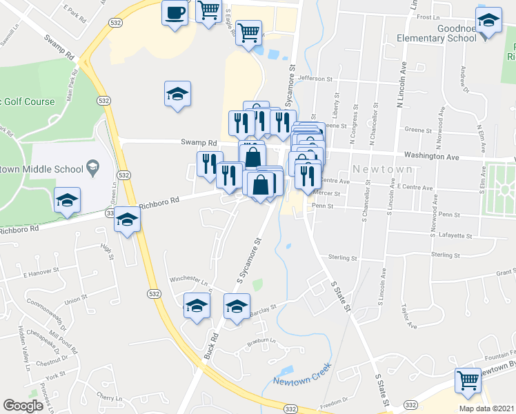 map of restaurants, bars, coffee shops, grocery stores, and more near 10 Cambridge Lane in Newtown