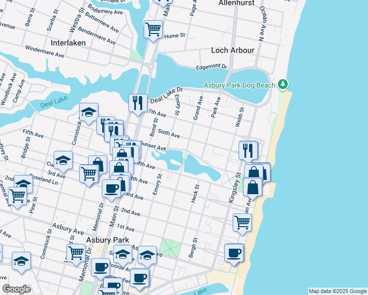map of restaurants, bars, coffee shops, grocery stores, and more near 2000 6th Avenue in Asbury Park