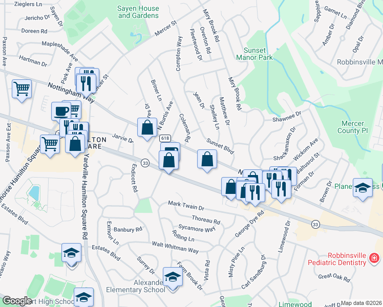 map of restaurants, bars, coffee shops, grocery stores, and more near 4101 Nottingham Way in Hamilton Township