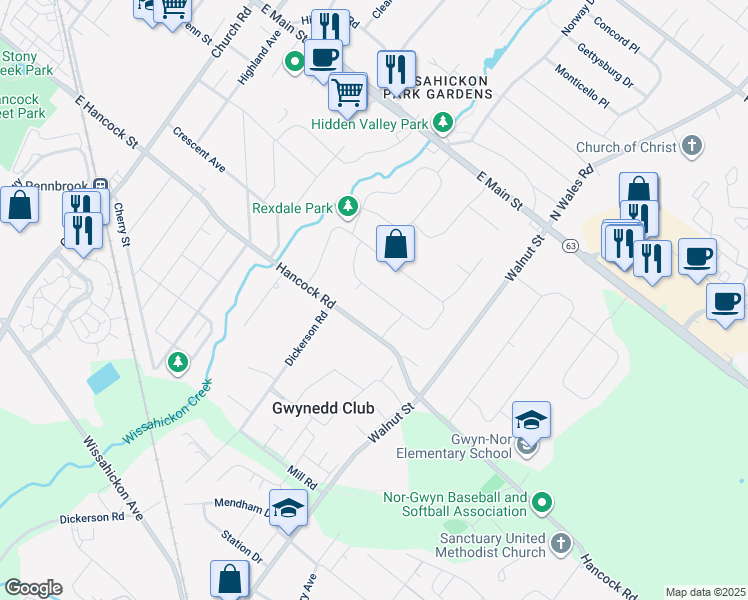 map of restaurants, bars, coffee shops, grocery stores, and more near 214 Hunter Lane in North Wales