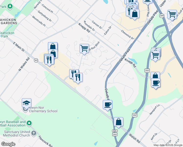 map of restaurants, bars, coffee shops, grocery stores, and more near 101 Colettes Court in North Wales